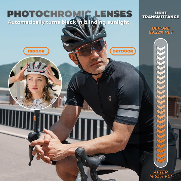 ROCKBROS Fahrradbrille UV 400 Sonnenbrille Photochromatisch Brille Klar Winddicht Sportsbrille für O
