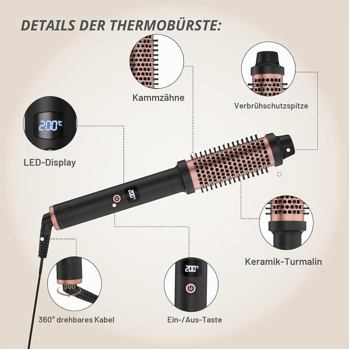 Thermal Brush 3 in 1, Lockenbürste Thermobürste 38mm, LCD Anzeige 120-200℃, Double PTC Wärmebürste,