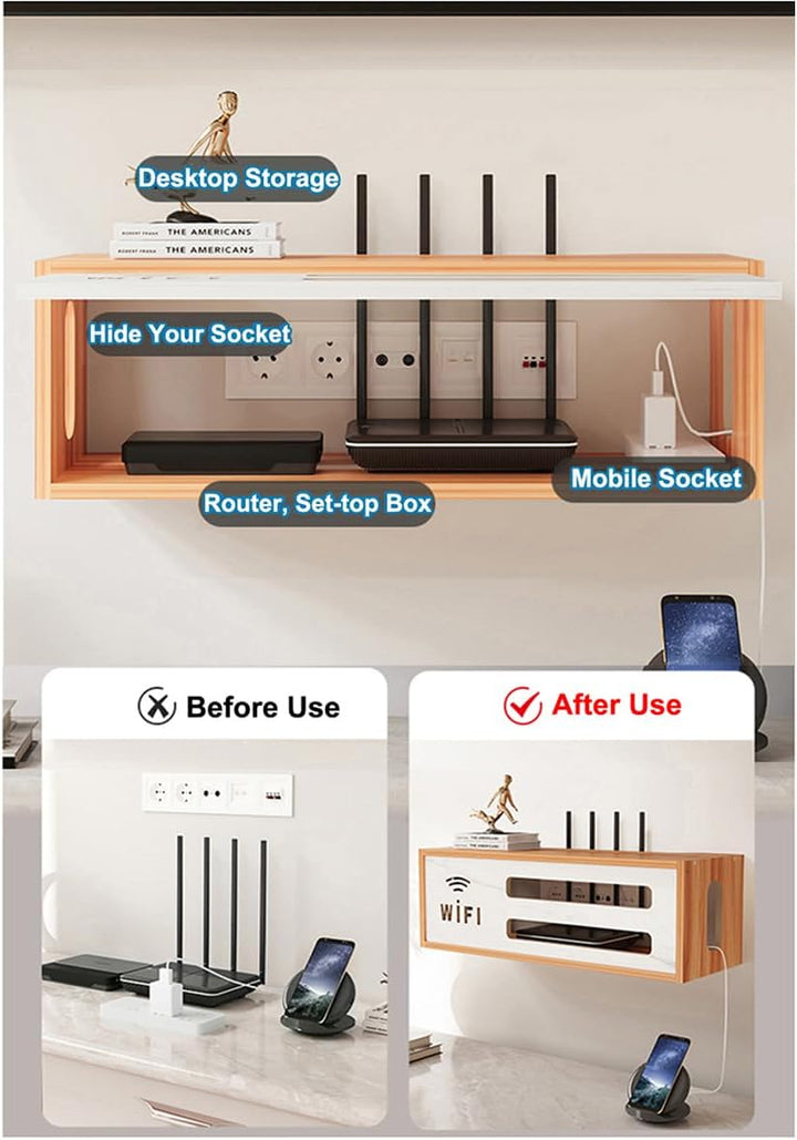 Router Schrank mit WiFi Box und Aufbewahrung für Router und Kabel, Wandmontierbares TV-Kabel-Organiz