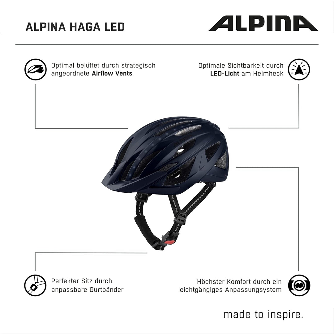 ALPINA HAGA LED - Stossabsorbierender, Beleuchteter & Optimal Anpassbarer Fahrradhelm Mit Integriert