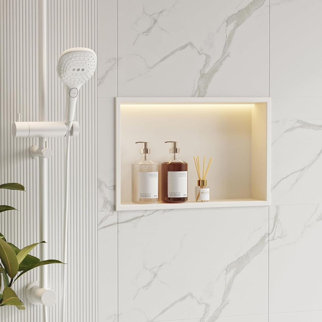 Wandnische Dusche Edelstahl mit LED-Licht, Eingebettete Duschnische Weisse Einzelregal Lagerung für