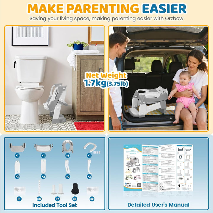 Orzbow Toilettensitz Kinder mit Treppe, 2-in-1 Kinder Toilettensitz, Töpfchen für Kinder, Höhenverst