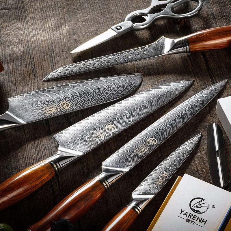 YARENH 8-Teilig Damast Messerset mit Messerblock, 73 Schichten High-Carbon Damaststahl Kochen Küchen