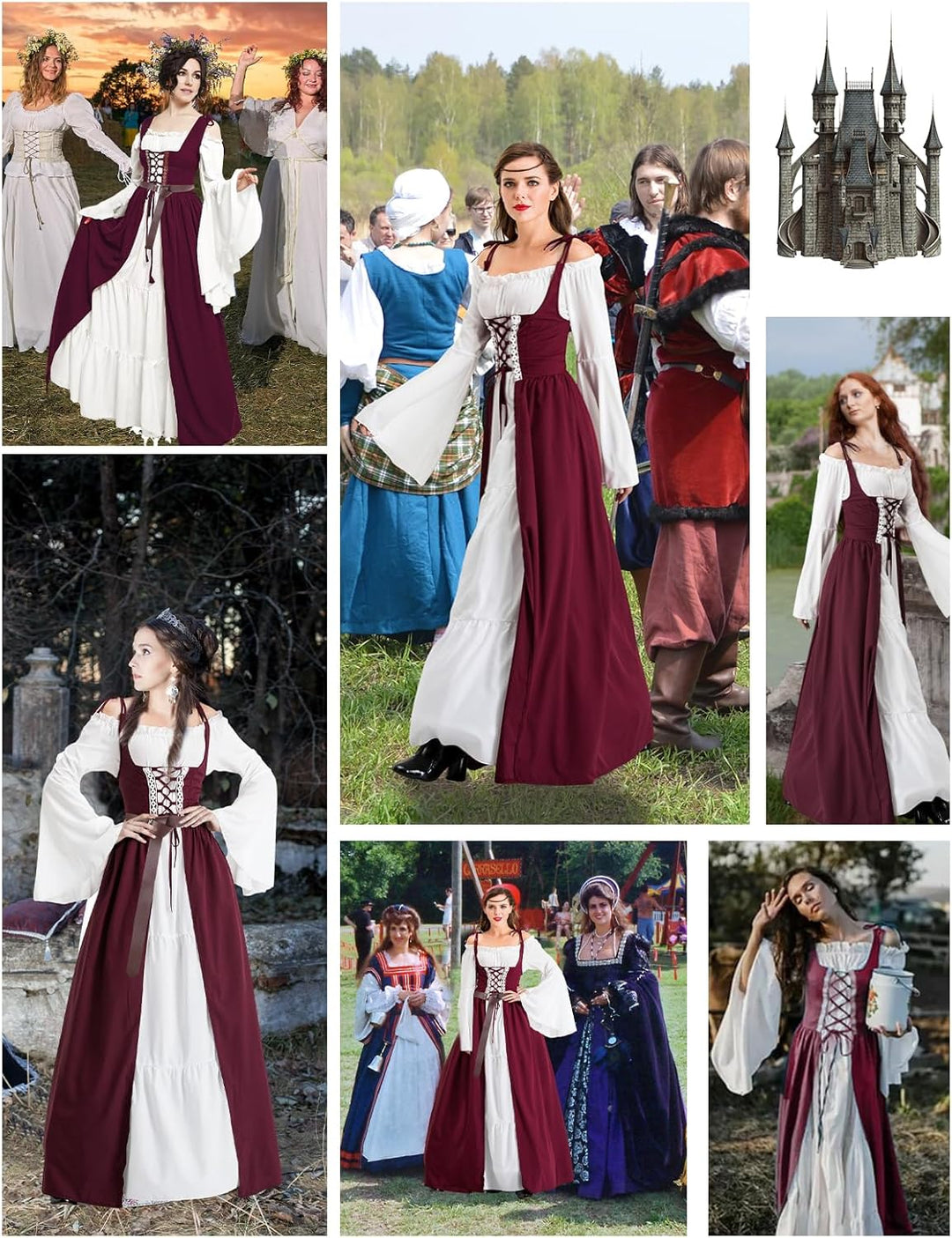Pianocean Mittelalter Kleidung Damen, Renaissance Kleid, Gothic Kleid，Renaissance Mit Kapuze Langarm