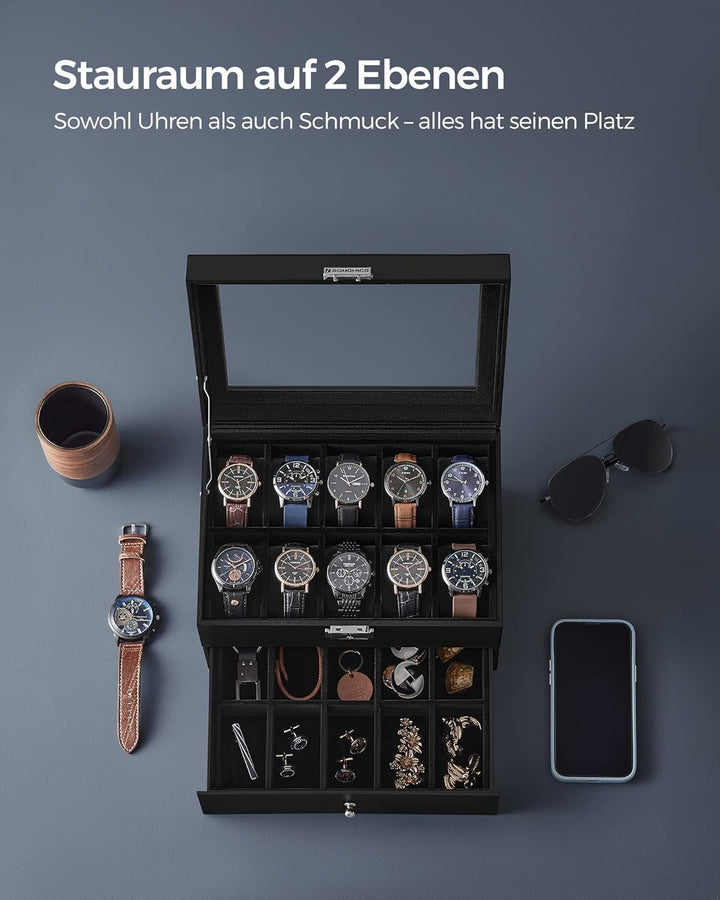 SONGMICS Uhrenbox, Uhrenkasten mit Glasdeckel, 2 Ebenen, Uhrenkoffer mit herausnehmbaren Uhrenkissen