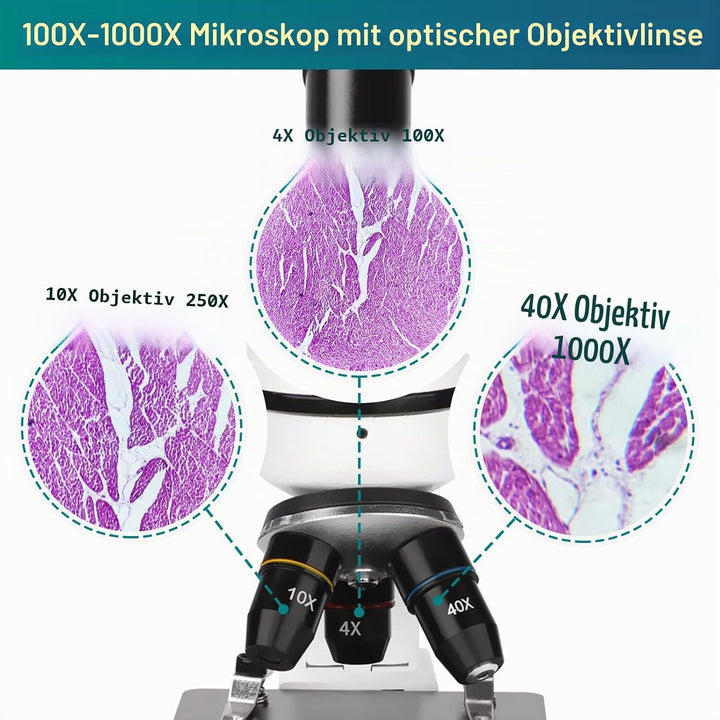 Mikroskop 100X-1000X für Kinder und Studenten - Kindermikroskop-Set mit Präparatebox, Smartphone-Ada