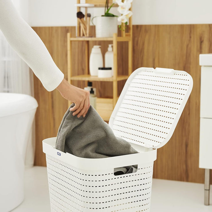 Rotho Country Wäschesammler Kunststoff mit Deckel 55l | Wäschekorb schmall in Rattan-Optik | Deckel