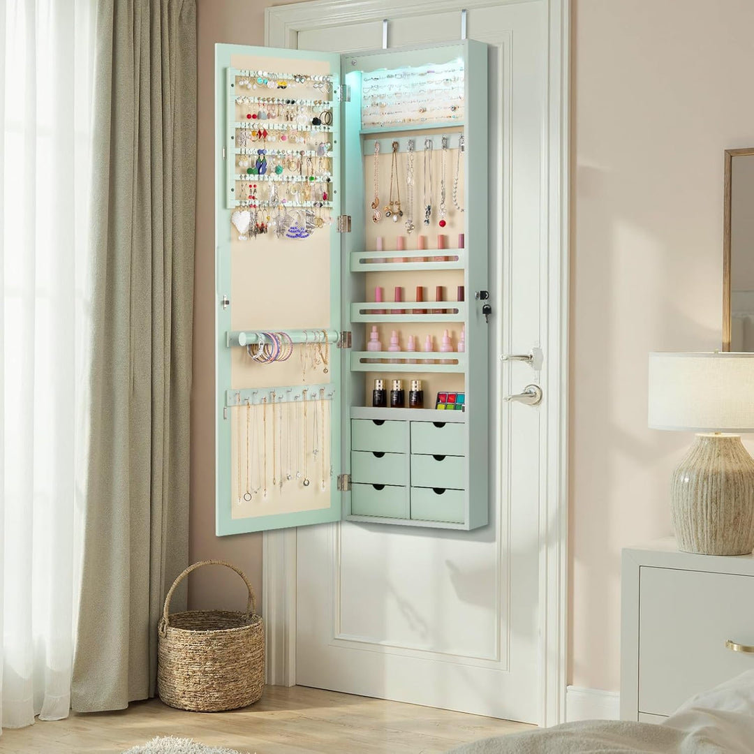 GOPLUS Schmuckschrank mit Schloss & 2 Schlüsseln, Schmuckregal mit LED-Beleuchtung, Spiegelschrank m