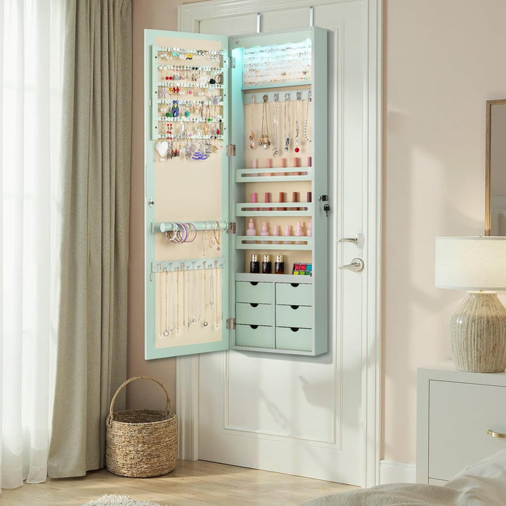 GOPLUS Schmuckschrank mit Schloss & 2 Schlüsseln, Schmuckregal mit LED-Beleuchtung, Spiegelschrank m