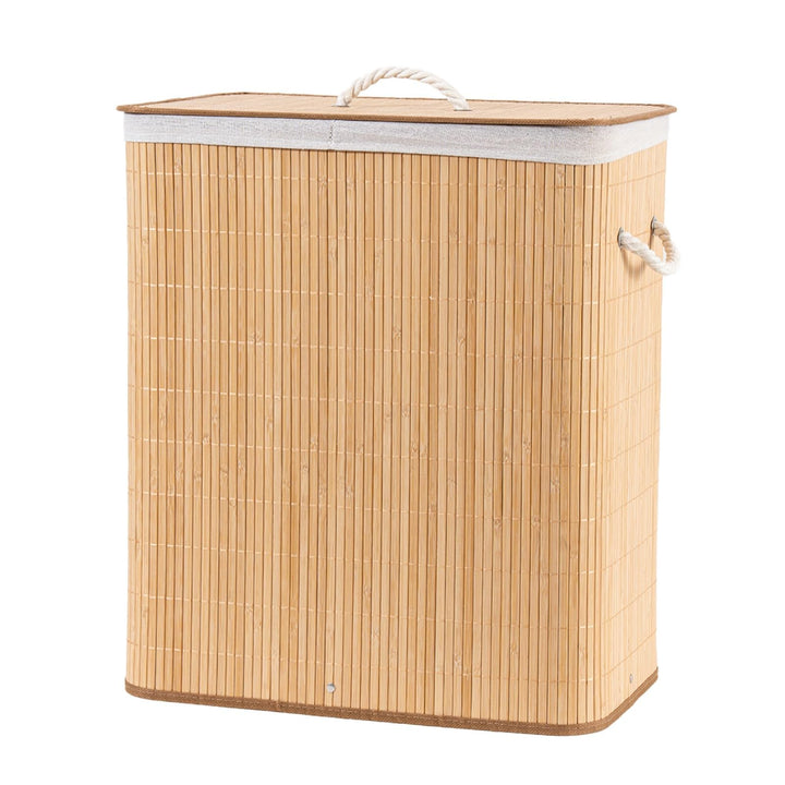 TONYBASKET 105L Bambus Wäschekorb 2 Fächern Wäschesammler mit Deckel | 53x33x60cm Faltbarer Praktisc