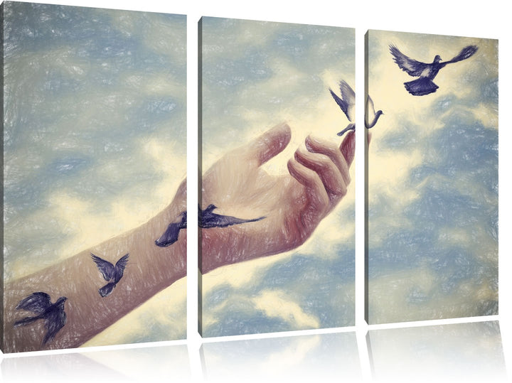 Pixxprint Vögel fliegen in die Freiheit/Format: 3-Teiler (120x80cm) cm/Leinwandbild fertig bespannt