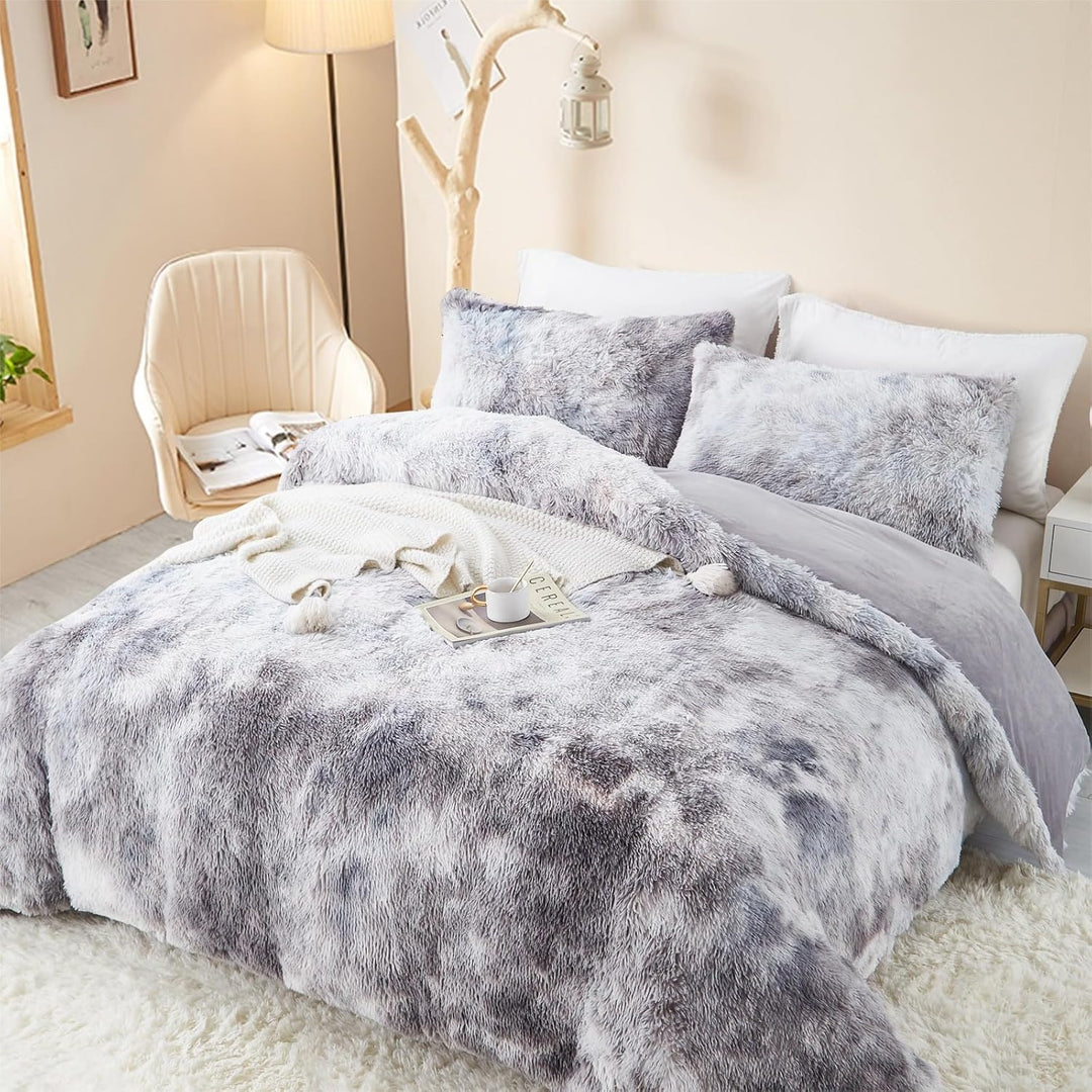 Freyamy Plüsch Bettwäsche 200x220cm Grau Langhaar Flauschig Warm Winterbettwäsche Flanell Samt Biber