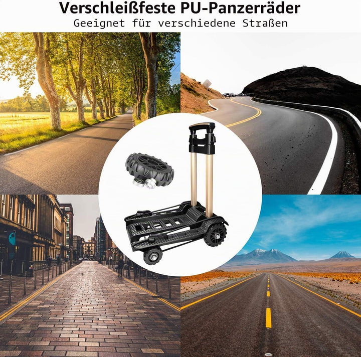 Faltbarer Handwagen, geräuschlose, verschleissfeste PU-Tankräder und einstellbare Aluminium-Deichsel