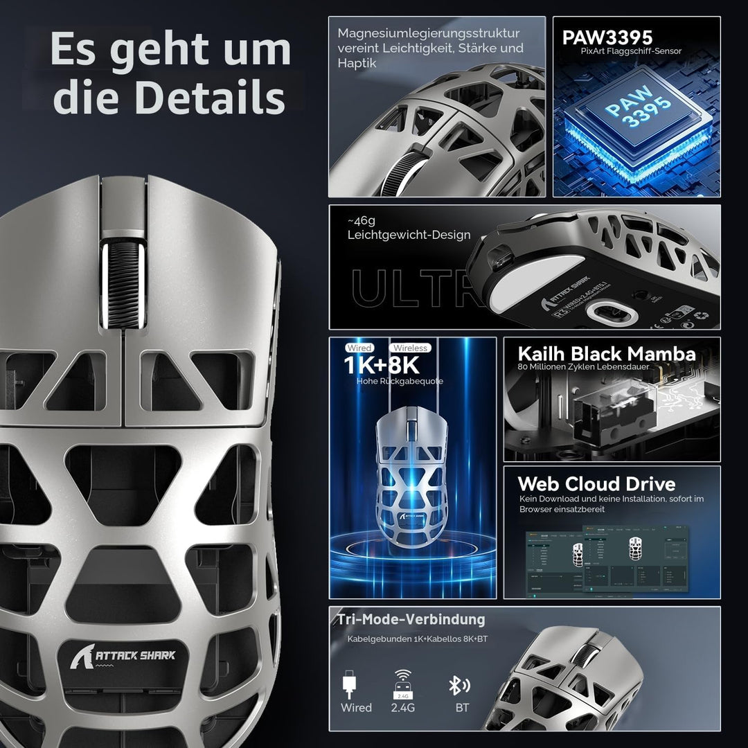 ATTACK SHARK R3 Magnesiumlegierungsmaus, kabellose 8K-Maus, 46 g SUPERLIGHT-Maus, PixArt PAW3395-Gam
