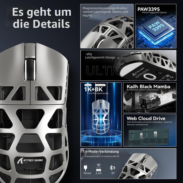ATTACK SHARK R3 Magnesiumlegierungsmaus, kabellose 8K-Maus, 46 g SUPERLIGHT-Maus, PixArt PAW3395-Gam