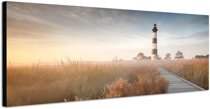 Paul Sinus Art Panoramabild auf Leinwand und Keilrahmen 150x50cm Wiesen Holzweg Leuchtturm Nebel Her