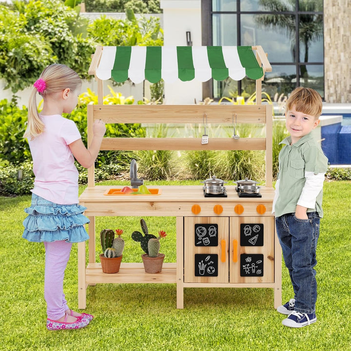COSTWAY Matschküche Kinder Outdoor, Kinderküche Tannenholz mit Überdachung & Abnehmbarer Spüle & 4 K