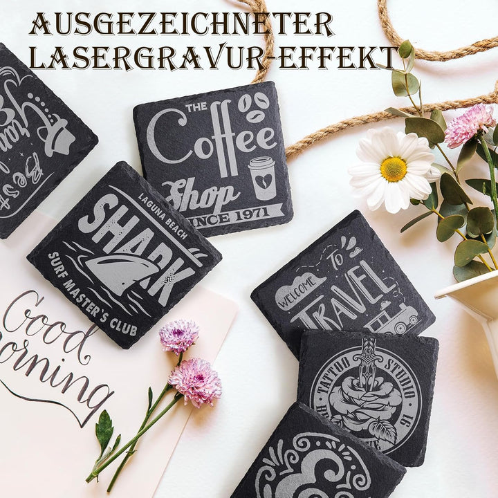 60 Stück Schiefer-Getränkeuntersetzer, GOH DODD 4 Zoll Schwarze Steinuntersetzer Set, Lasergravierte