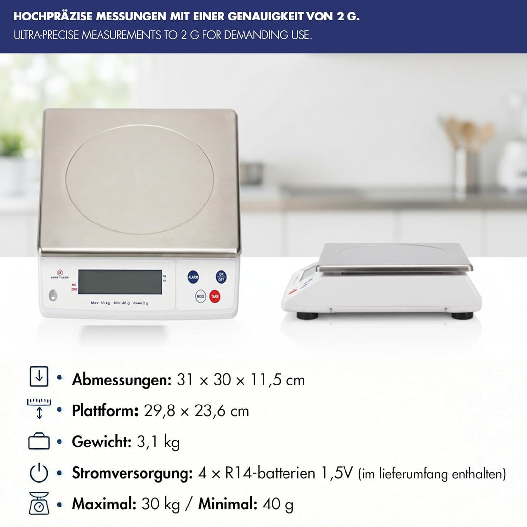 LOUIS TELLIER | Professionelle Elektronische Waage | 30 kg | IP53 | Genauigkeit 2 g | Abnehmbare Waa