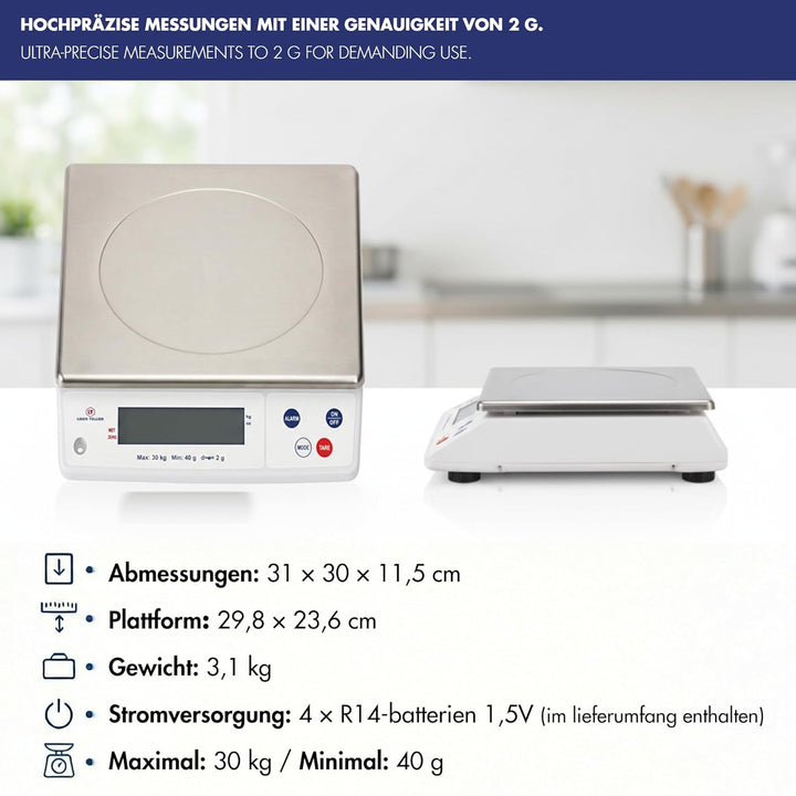 LOUIS TELLIER | Professionelle Elektronische Waage | 30 kg | IP53 | Genauigkeit 2 g | Abnehmbare Waa