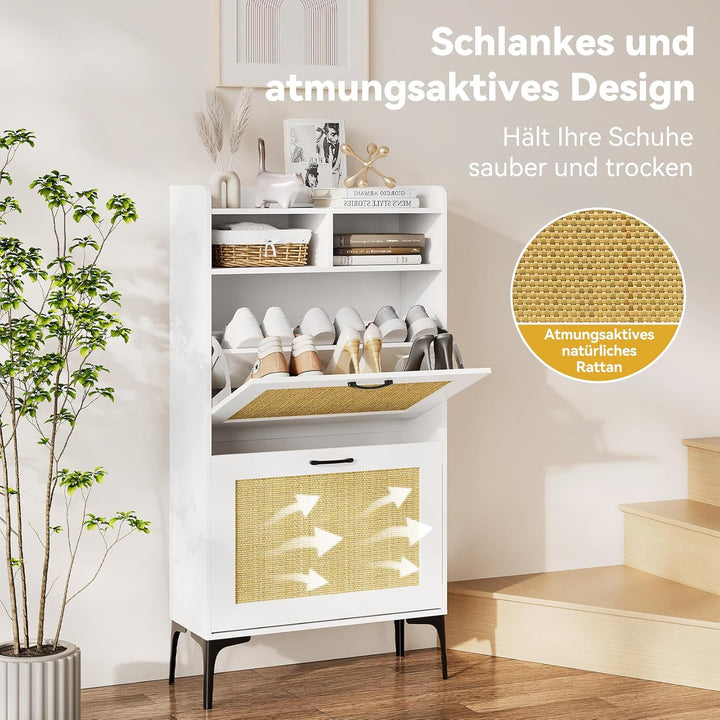 Dripex Schuhschrank schmal, Schuhkipper mit Rattan-Dekor, mit 2 Flip-Schubladen,Schuhregal schmal mi