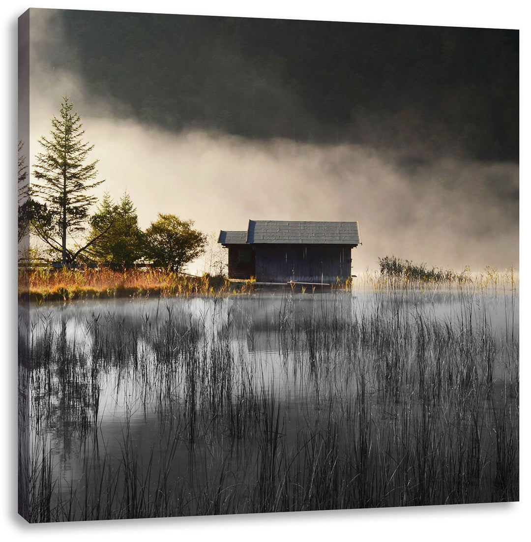 Pixxprint Häuschen am See mit Nebel / 70x70cm Leinwandbild bespannt auf Holzrahmen/Wandbild Kunstdru