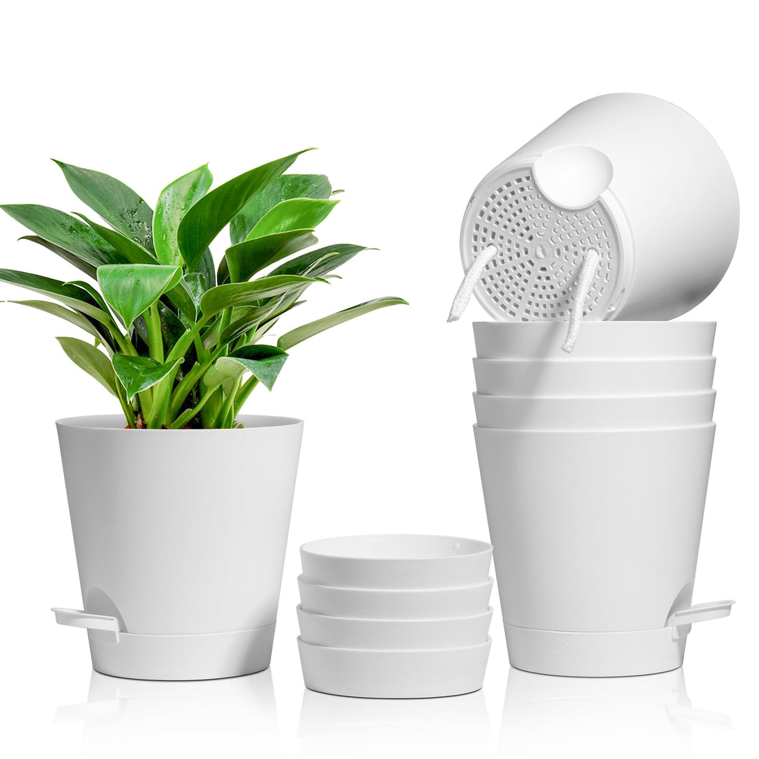 T4U 16,5cm Kunststoff Blumentopf mit Bewässerungssystem, 6er-Set Selbstbewässerung Übertopf mit Unte