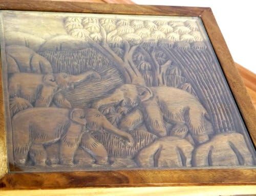 livasia Opiumtisch, Kaffeetisch, Couchtisch, Massivholztisch mit Schnitzerei u. Glasplatte (Natur),