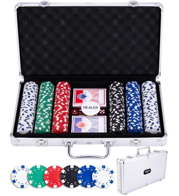 Engelhart Pokerkoffer 300 Chips 11,5 g ohne Wertung – Poker Set mit Aluminiumkoffer, 2 Kartenspielen