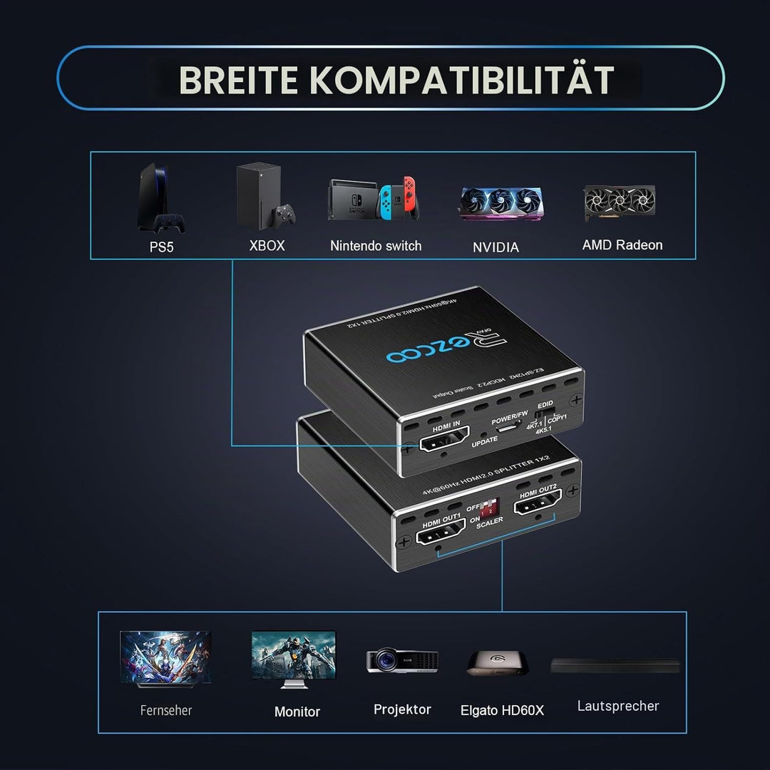 4K 60Hz HDMI Splitter 1x2 1080P 120Hz HDCP2.2 HDR 18Gbps UHD Dolby Vision Atmos EDID Scaler 4K 1080P