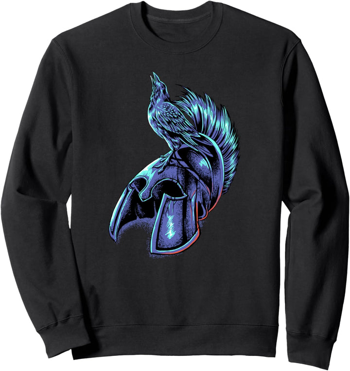 Krähe auf Helm eines Spartaner Sweatshirt