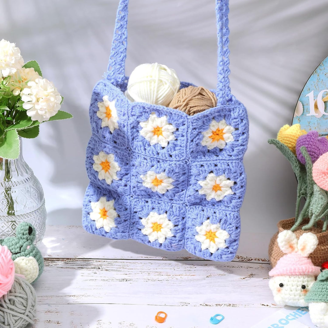ORIGACH DIY Gänseblümchen-Häkel-Tragetaschen-Set für Anfänger, Floral Crochet Granny Square Handmade