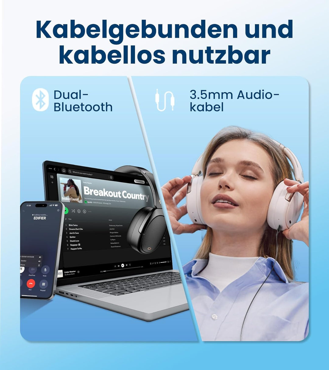 Edifier WH950NB Hybrid Active Noise Cancelling Kopfhörer -LDAC Codec mit Hi-Res Audio und Custom EQ