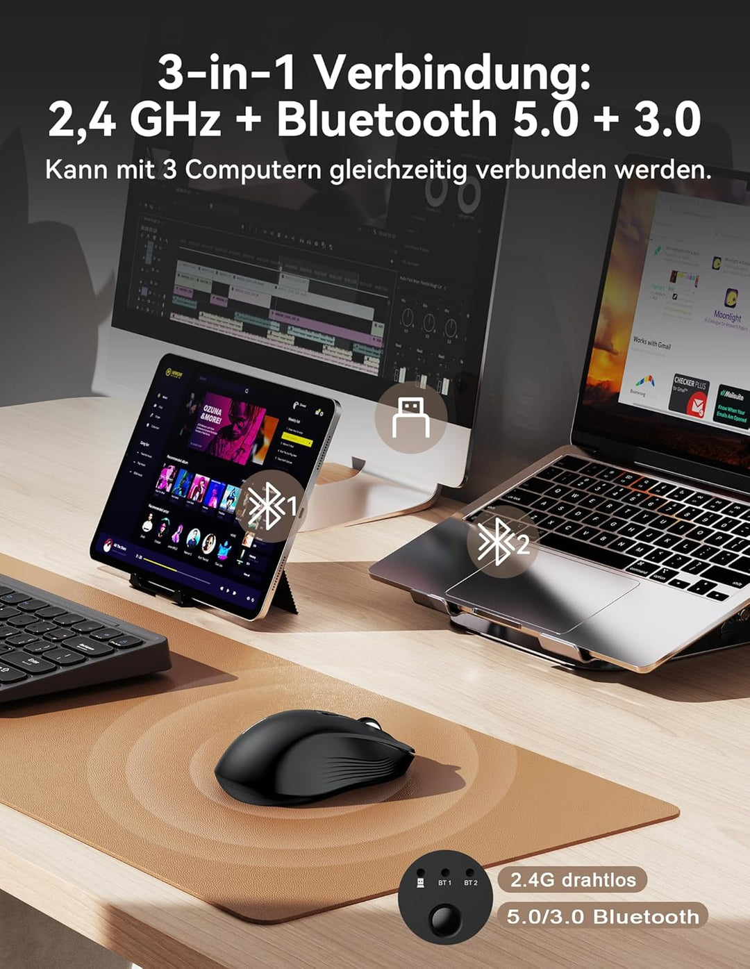 TECKNET Bluetooth Maus, Maus Kabellos (Tri-Modus: BT 5.0/3.0+2.4G) 4800 DPI Leise Mouse, Funkmaus mi