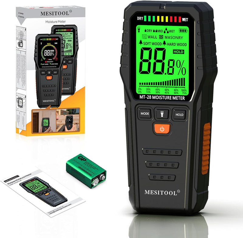 MEISITOOL Holzfeuchtemessgerät Feuchtemessgerät mit Hintergrundbeleuchtung LCD-Display Wasserleckdet