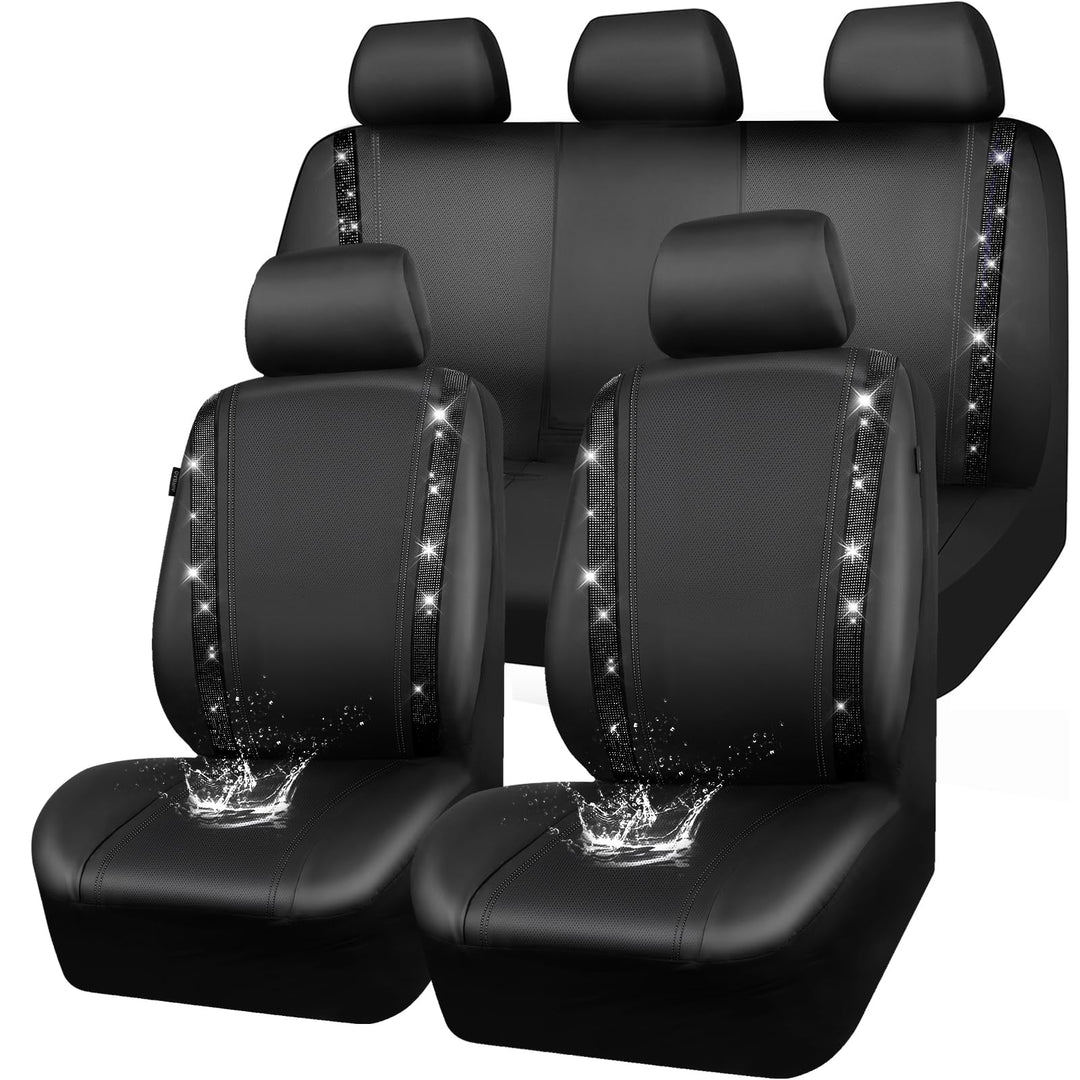 CAR PASS Wasserdicht Leder Autositzbezüge, Bling Diamant Komplettset Sitzbezug, Glänzend Kristall Gl