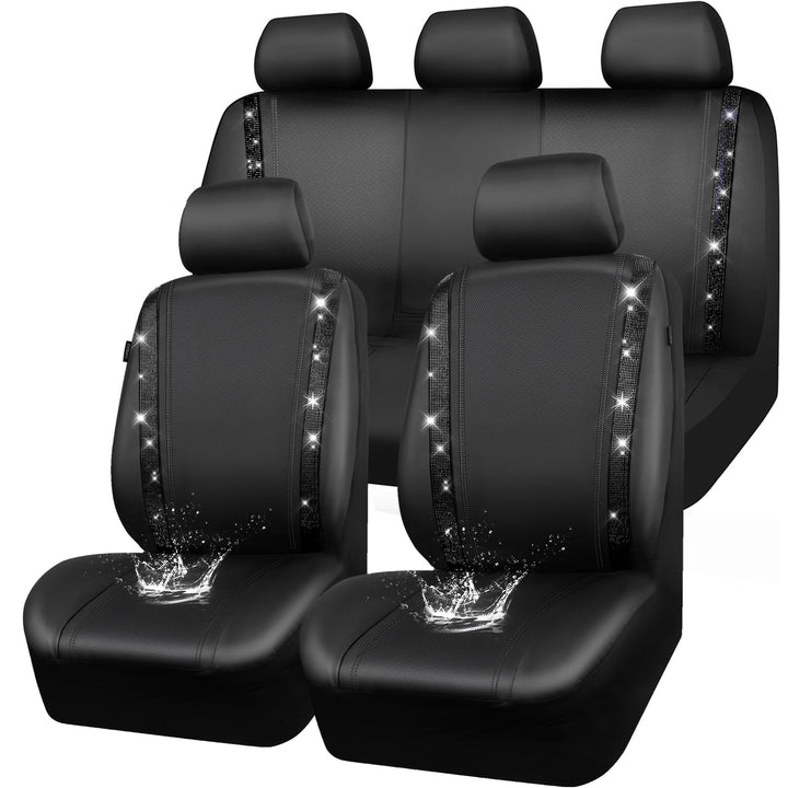 CAR PASS Wasserdicht Leder Autositzbezüge, Bling Diamant Komplettset Sitzbezug, Glänzend Kristall Gl