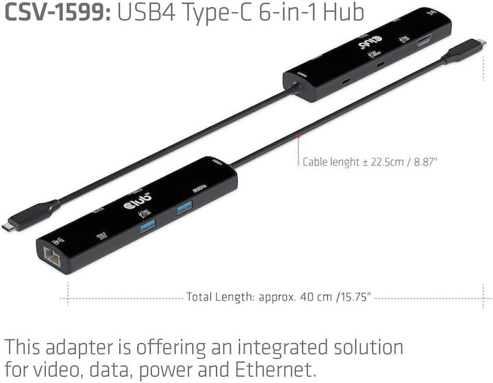 Club3D CSV-1599 USB4™ Gen3x2 Typ-C, 6-in-1 Hub mit HDMI™ 8K60Hz oder 4K120Hz, 2xUSB Typ-A(10G), Ethe