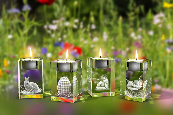 GLASFOTO.COM, Ostern 4er Teelichthalterset, 50 x 80 x 50 mm, Kristallglas 3D Innengravur in Premiumq