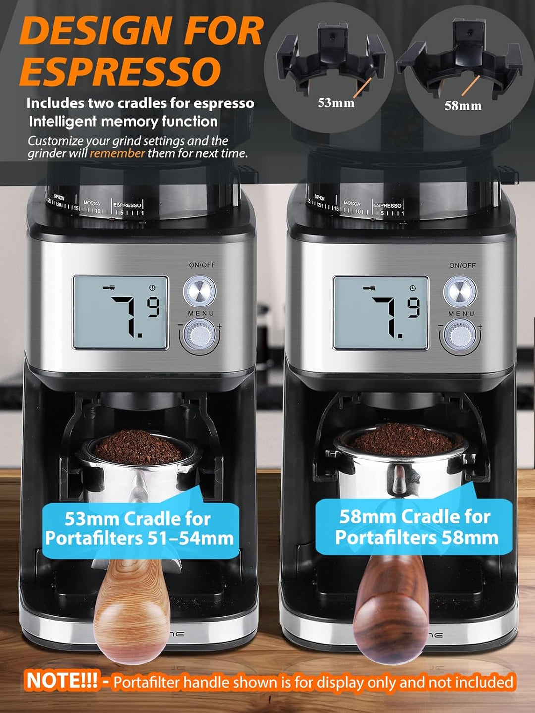 Homtone Elektrische Kaffeemühle für Siebträger und Behälter, 51 einstellbare Mahlgrade, Automatische