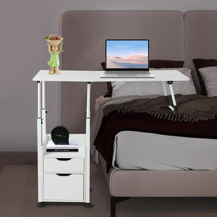 Betttisch mit Rollen und Bremse, Laptoptisch und klappbar, 2 Schubladen und Ablage, Beistelltisch fü