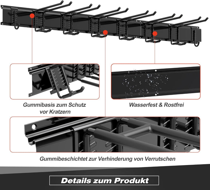 Werkzeug-Wandregal, verstellbar Wandhalterungen für Garage und Garten mit 8 Haken &amp; 3 Schienen, Hoch