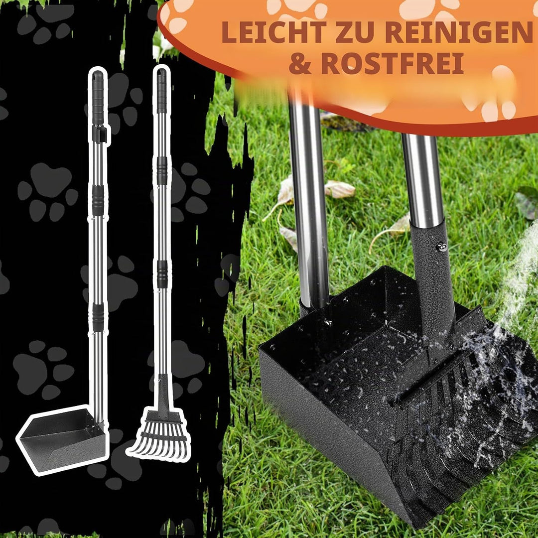 Hundekotschaufel Set mit 96cm langem Griff – Abnehmbares Metalltablett, Rechen für grosse, mittelgro
