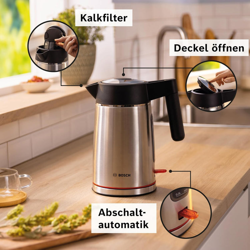 Bosch kabelloser Wasserkocher MyMoment TWK6M480, Abschaltautomatik, Überhitzungsschutz, Tassenanzeig