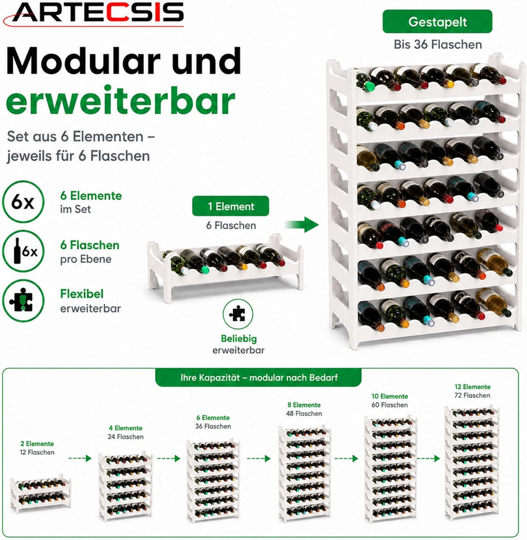 ARTECSIS® Weinregal stapelbar & modular erweiterbar Kunststoff für 36 Weinflaschen (weiss) - Stabile