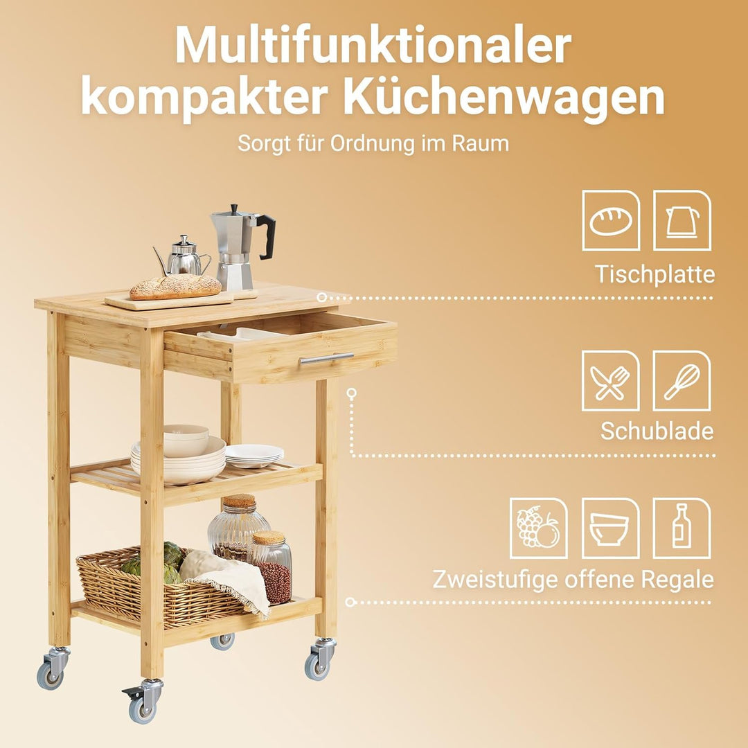 SoBuy FKW28-SCH Servierwagen mit Schublade und 2 Ablagen Kücheninsel Küchenwagen Küchenregal aus Bam