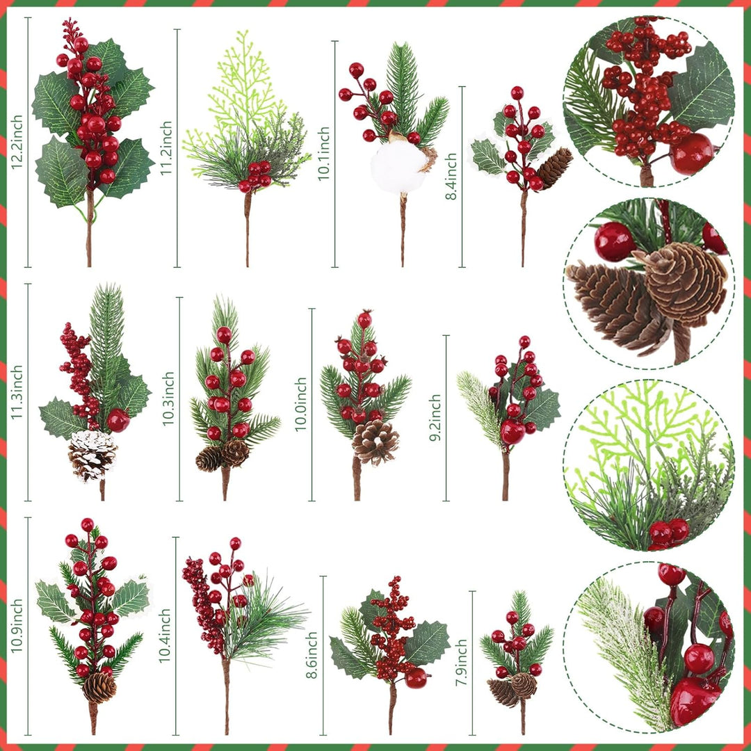 Morofme 12 Stück Künstliche Tannenzweige mit Rote Beeren Deko, Weihnachtszweige mit Tannenzapfen, Ba