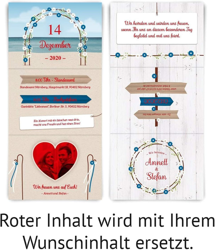 10 x Hochzeitseinladungen individuelle Hochzeit Einladungskarten DIN A6 Klappkarte mit Foto - Strand