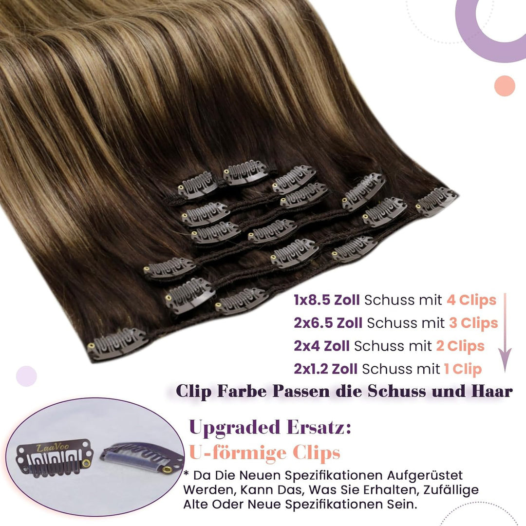 LaaVoo Echthaar Extensions Clip Balayage 50cm Dunkelbraun mit Karamellblond Remy Haarverlängerung Cl