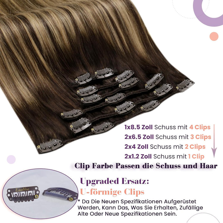 LaaVoo Echthaar Extensions Clip Balayage 50cm Dunkelbraun mit Karamellblond Remy Haarverlängerung Cl